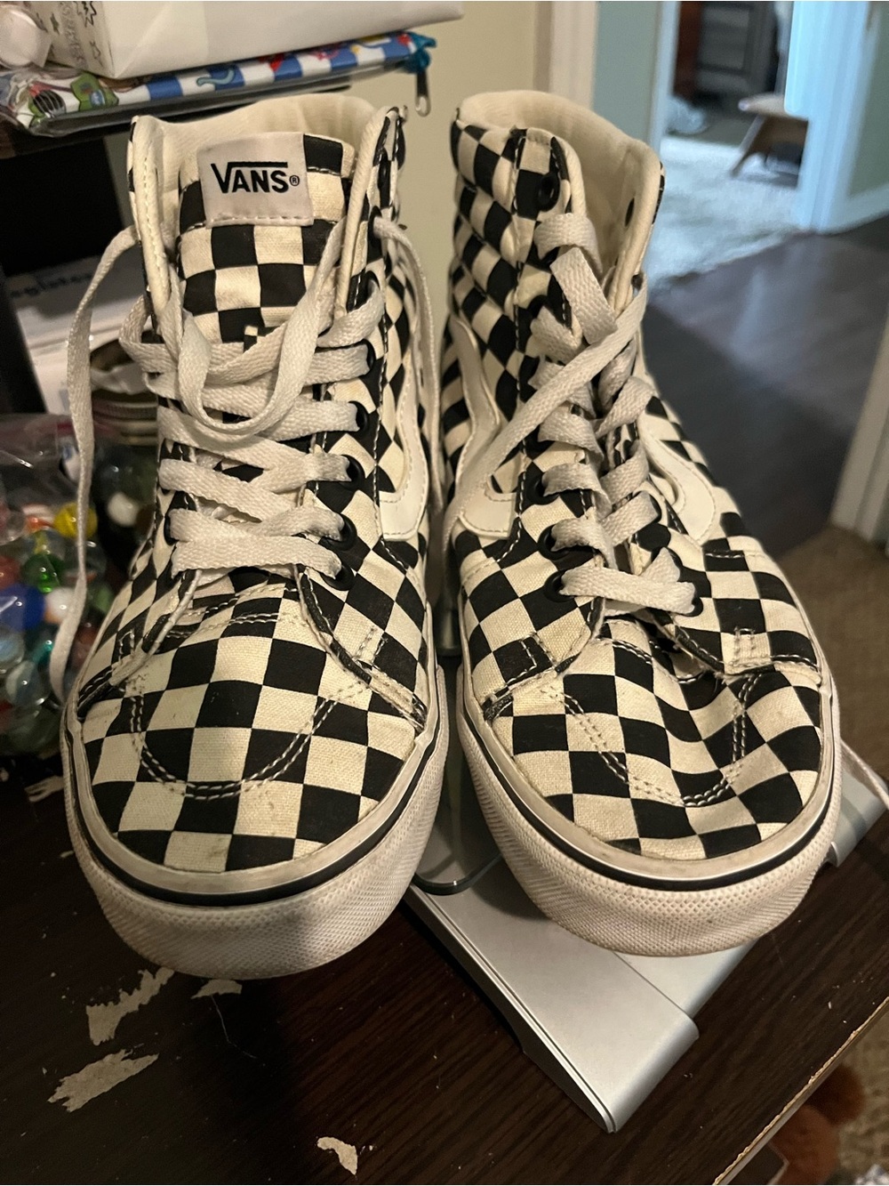 Vans women’s Checkerboard High-Top Sneakers - Black & White